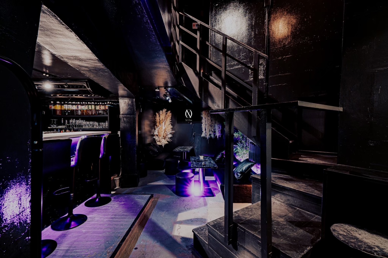 XO Bar 1階バーカウンター - 紫のライティングとスタイリッシュな内装